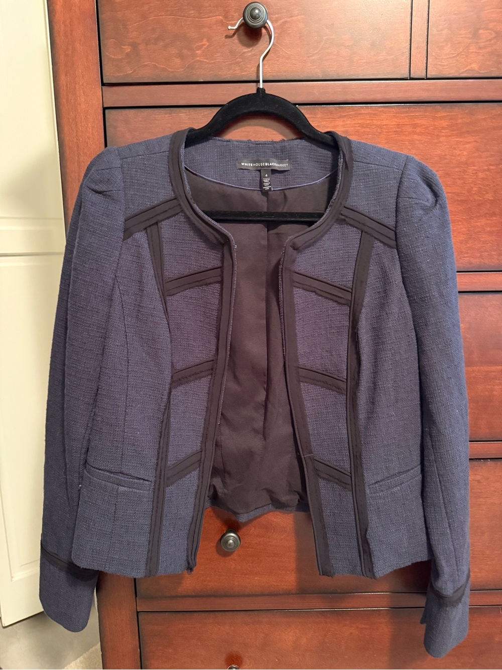 White House Black Market Navy Textured Open-Front Blazer with Black Trim